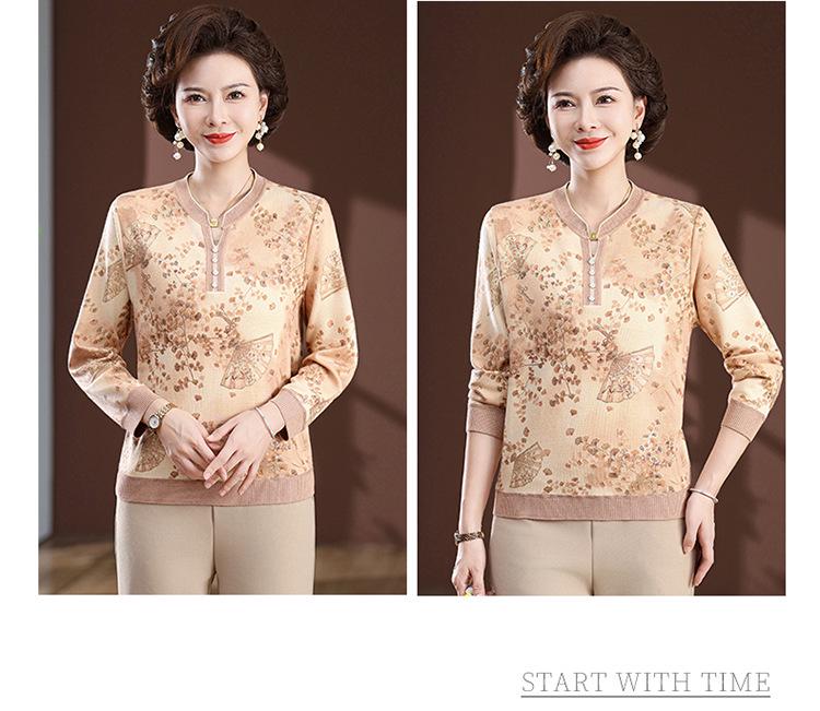 Mom's Elegant Summer Long-Sleeve Blouse - Chinese & National Style for Middle-Aged Women
