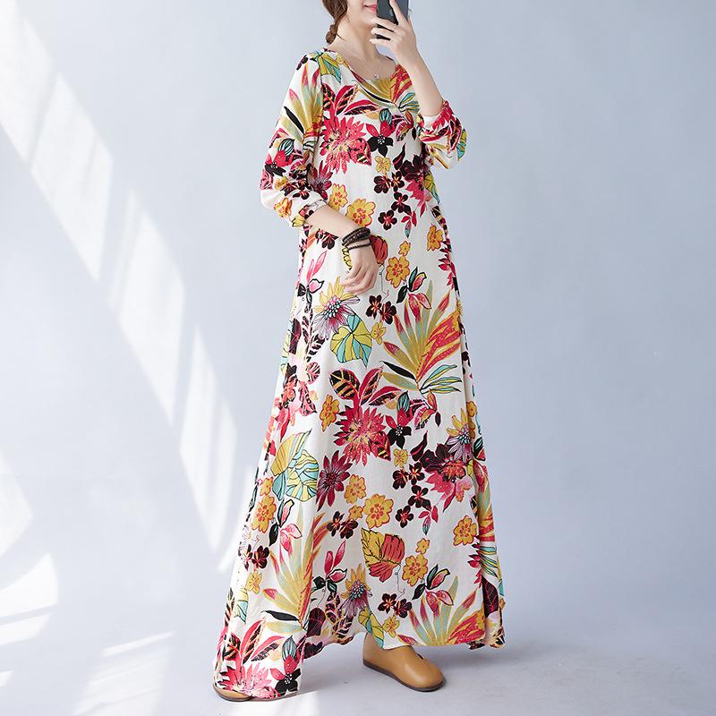 Real spring new literary large size loose printing round neck long sleeve dress women's long dress