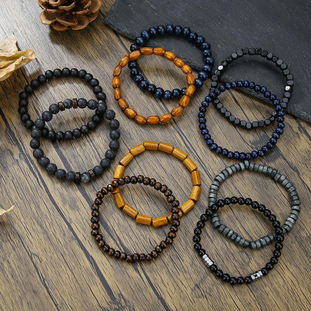 Vintage Wooden Bead Lava Stone Mens Bracelets With Elastic Band For Travel Gift