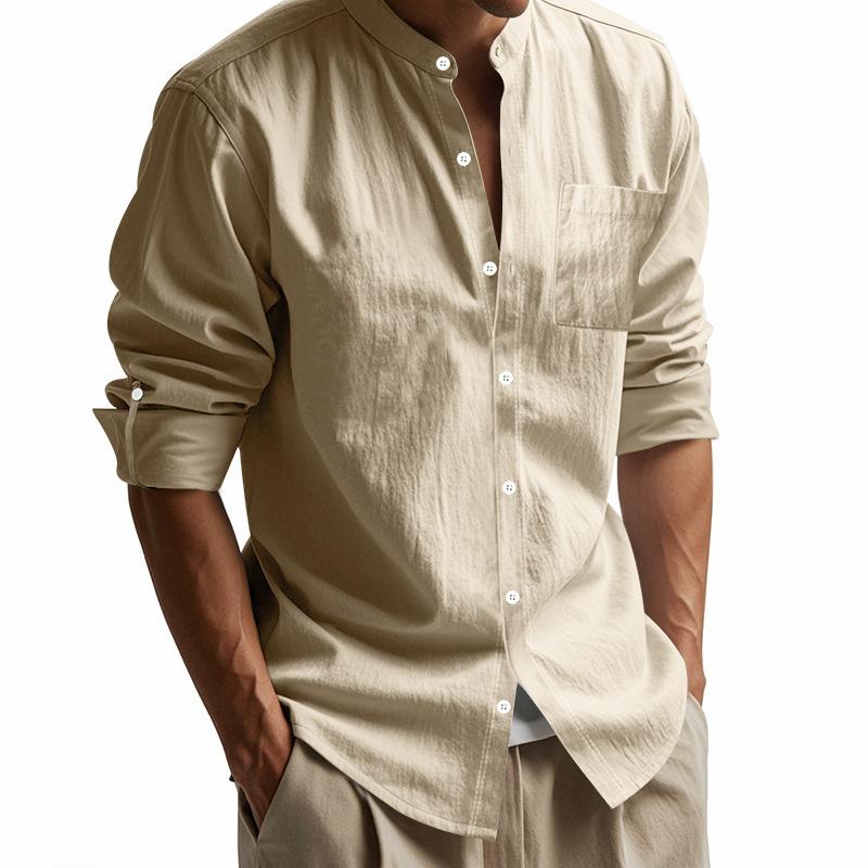 Fashionable Men's Linen Shirt Long-sleeved Stand Collar Breathable Casual Men's Style Chinese-style Pocket Shirt