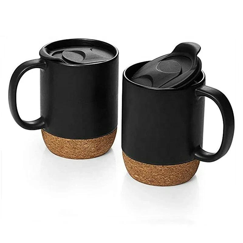 Einfache Keramik-Kaffeetasse mit Korkboden und Deckel, Spritzgeschützt, Hitzebeständig, Matt, Uni-Weiß, Schwarzer Korkboden, Teetasse