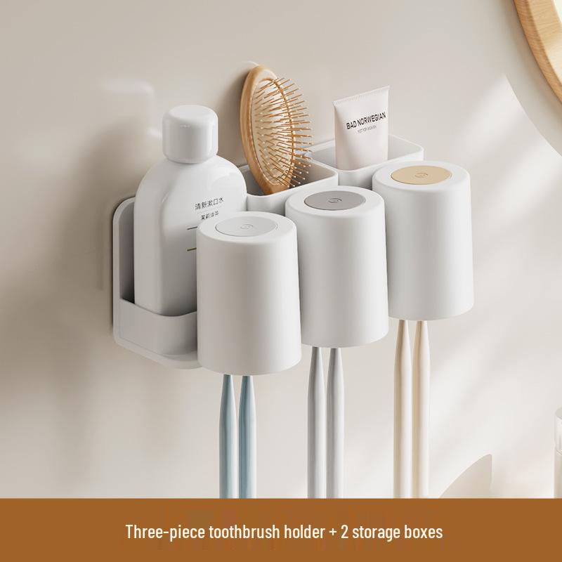 Wall-Mounted Toothbrush & Toothpaste Holder with Mouthwash Cup, Punch-Free