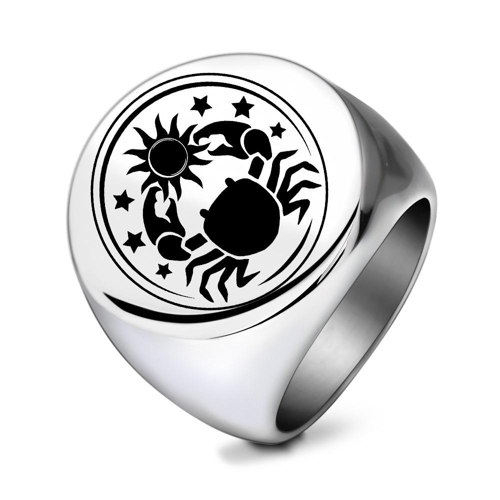 European Retro Round 22MM Laser-Engraved Cancer Crab Sun Star Stainless Steel Ring Size 7