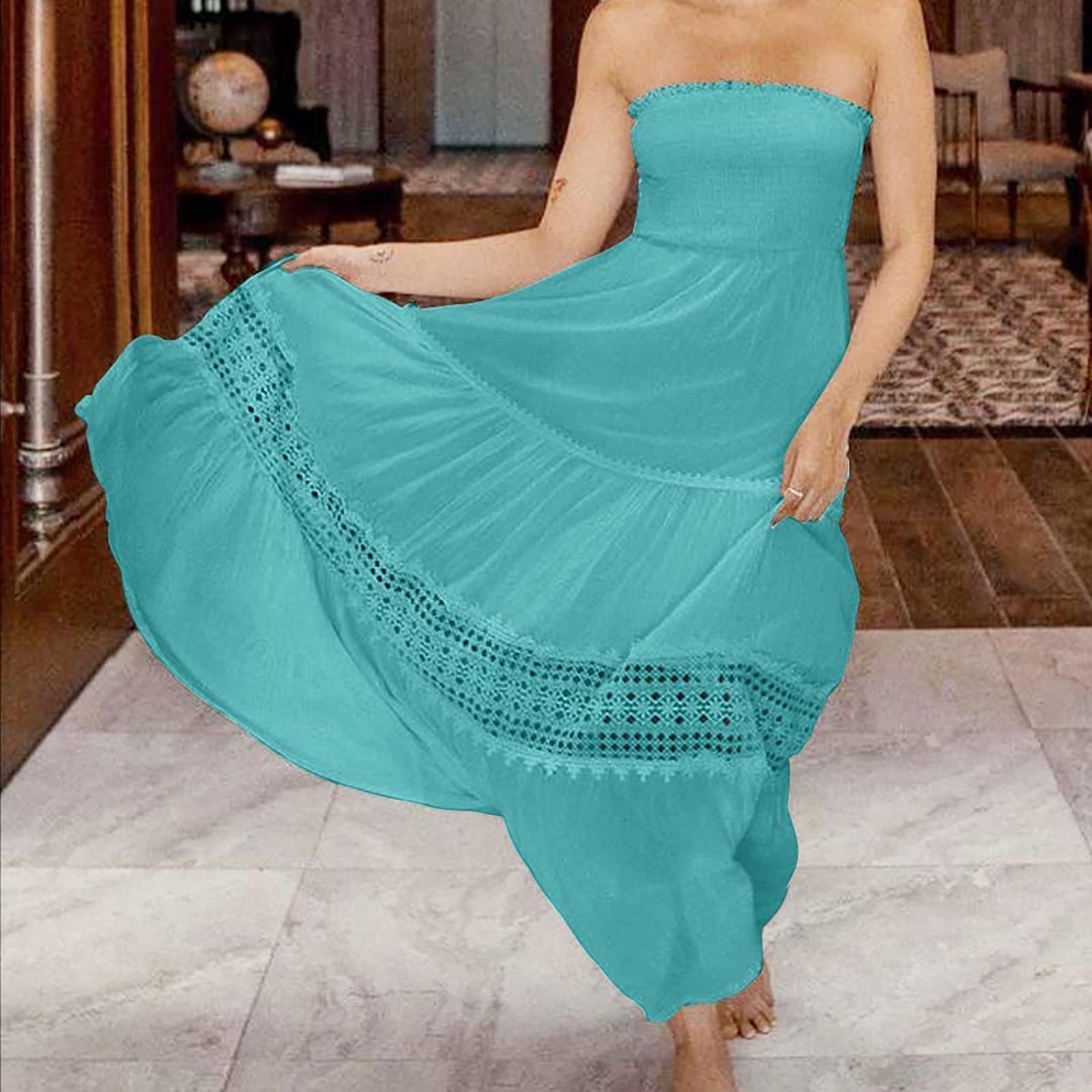 

IHUASU женское длинное винтажное платье без рукавов с талией в стиле бохо, однотонное, с отстрочкой по краю без бретелек XL