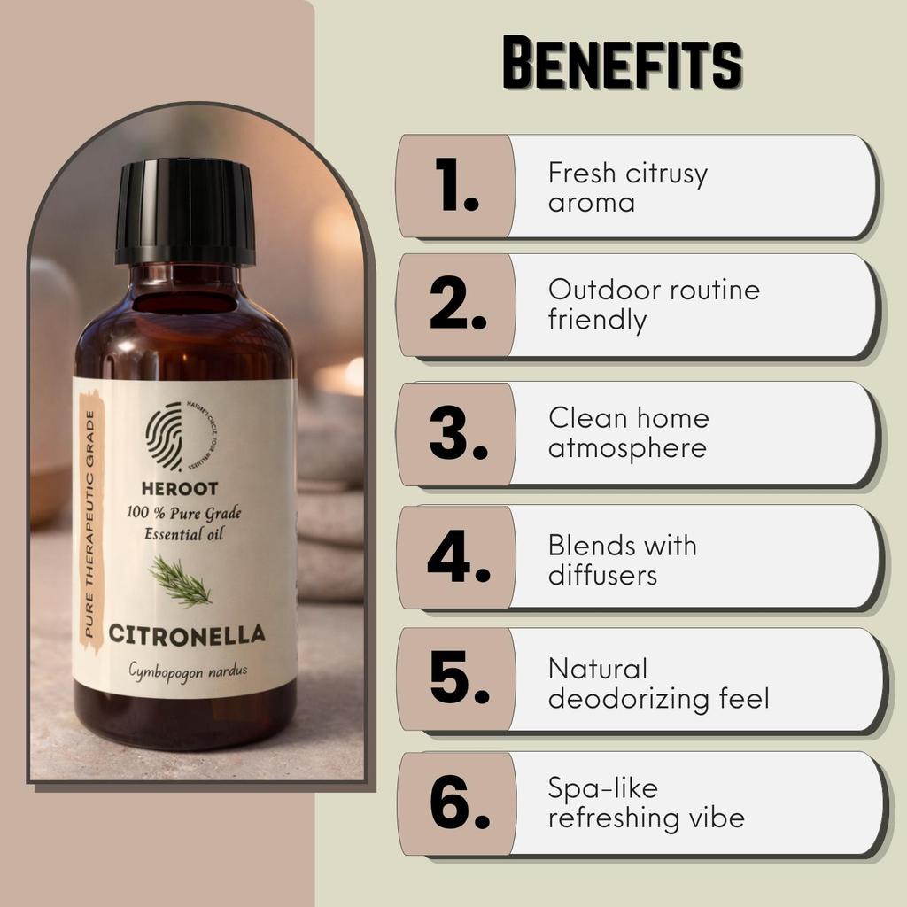 Heroot Aceite Esencial de Citronela | Aceite Esencial de Cymbopogon Nardus | Aceite Esencial Aromático