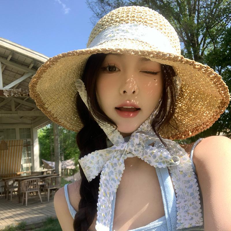 Lace Tie Bow Straw Sun Hat Hollow Packable Wide Brim Summer Beach Sun Protection Breathable Sun Hats Travel for Women