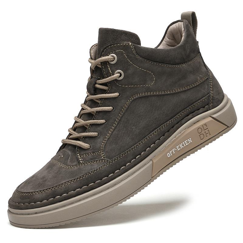 Autumn and winter men's leather high-top board shoes men's velvet warm hand-sewn casual shoes retro mid-top Martin boots men