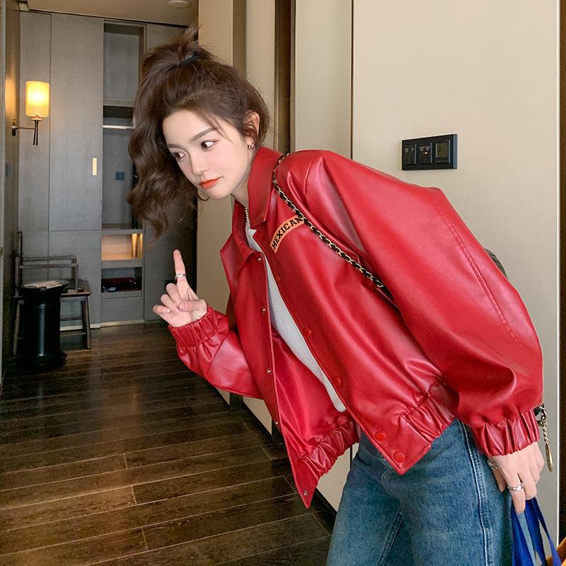 

Женская куртка из искусственной кожи в стиле ретро во французском стиле в Гонконге, женская универсальная весенняя короткая красная бейсбольная куртка L красный