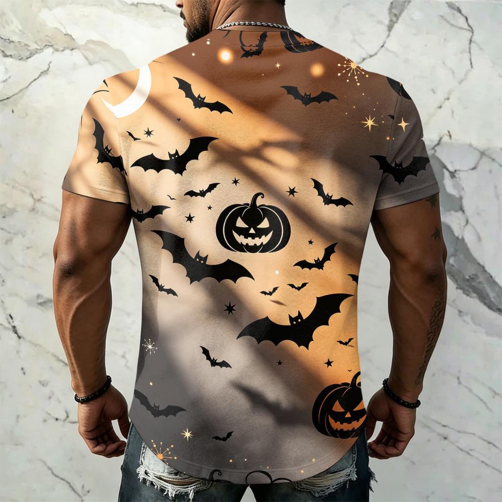 Men's Halloween Vintage Short Sleeve T Shirt Loose Breathable Summer Sports Streetwear Casual Daily Top with Pumpkin and Bat Print