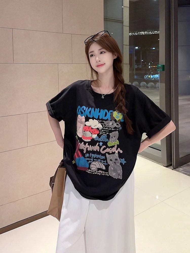Unisex Retro Graffiti Print Cotton Plus Size T-shirt - Short Sleeve, Loose Fit for Men, Women & Girls