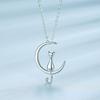 S925 Sterling Silver Cat On the Moon Necklace - Simple Versatile Design for Girls