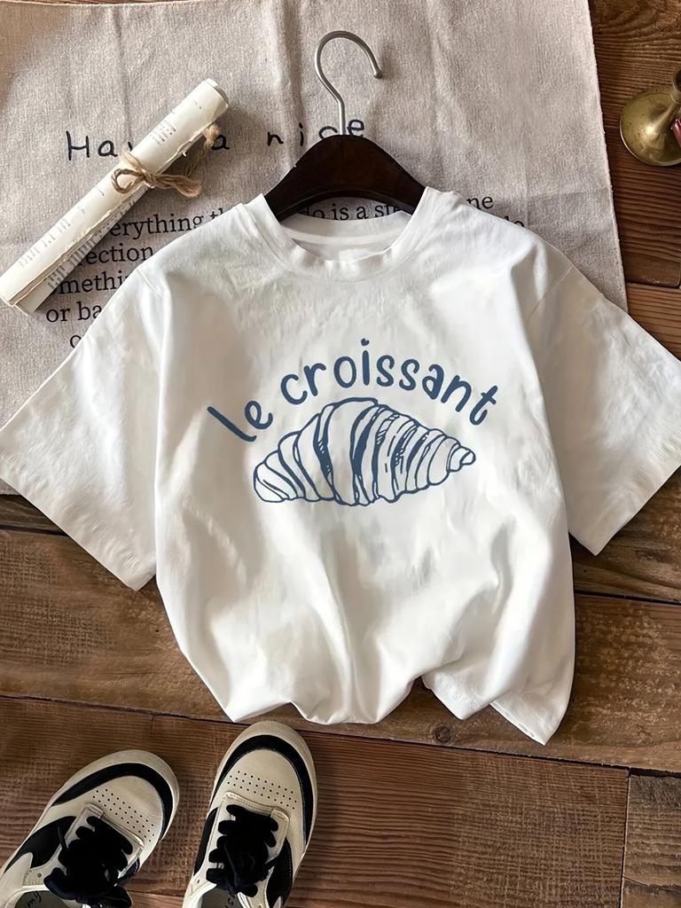 Women's Pink "Le Croissant" Graphic Print T-Shirt Short Sleeve Crew Neck Casual Top for Spring & Summer Summer Fashion