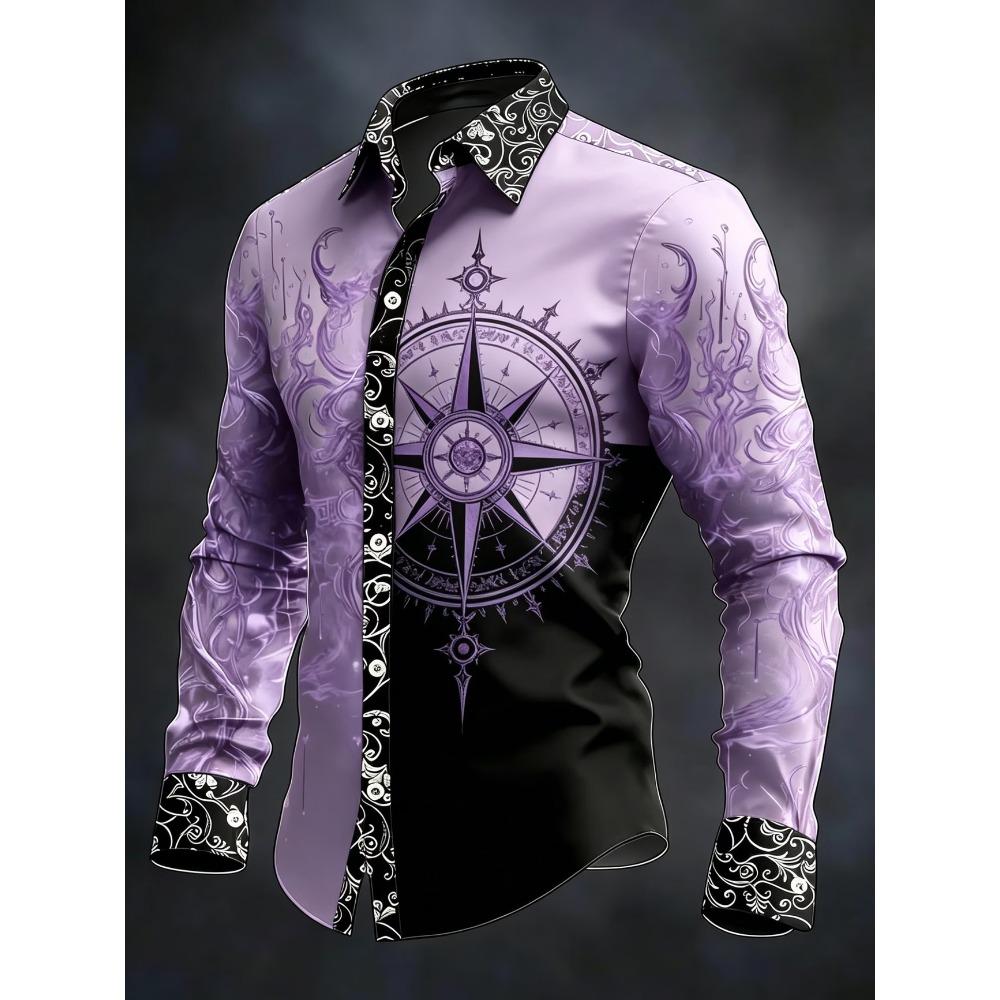 New Black Gold Gradient Peony Print Men's Long Sleeved Shirt, Light Luxury Business Casual Shirt Clothing