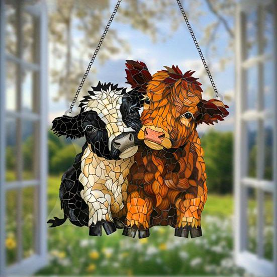 2D Acrylic Highland Cattle Hanging Ornament, Stained Glass Effect Farmhouse Wall Decor with Metal Chain, UV Printed Sun Catcher for Window Light