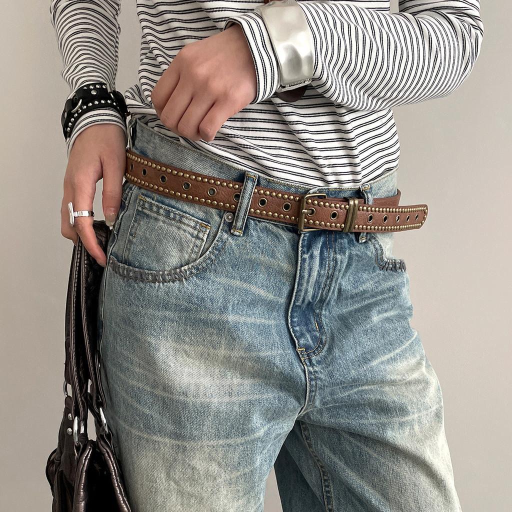 Vintage American Y2k Pu Leather Belt With Alloy Buckle For Casual Wear