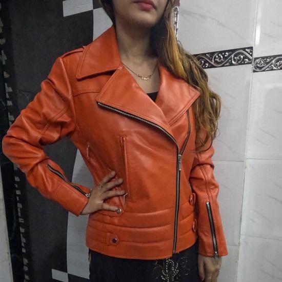 Noora Womens Lambskin Orange Leather Jacket | Stylish Motorcycle Biker Rider Jacket | Slim Fit Winter Party Jacket | Best Gift for Her