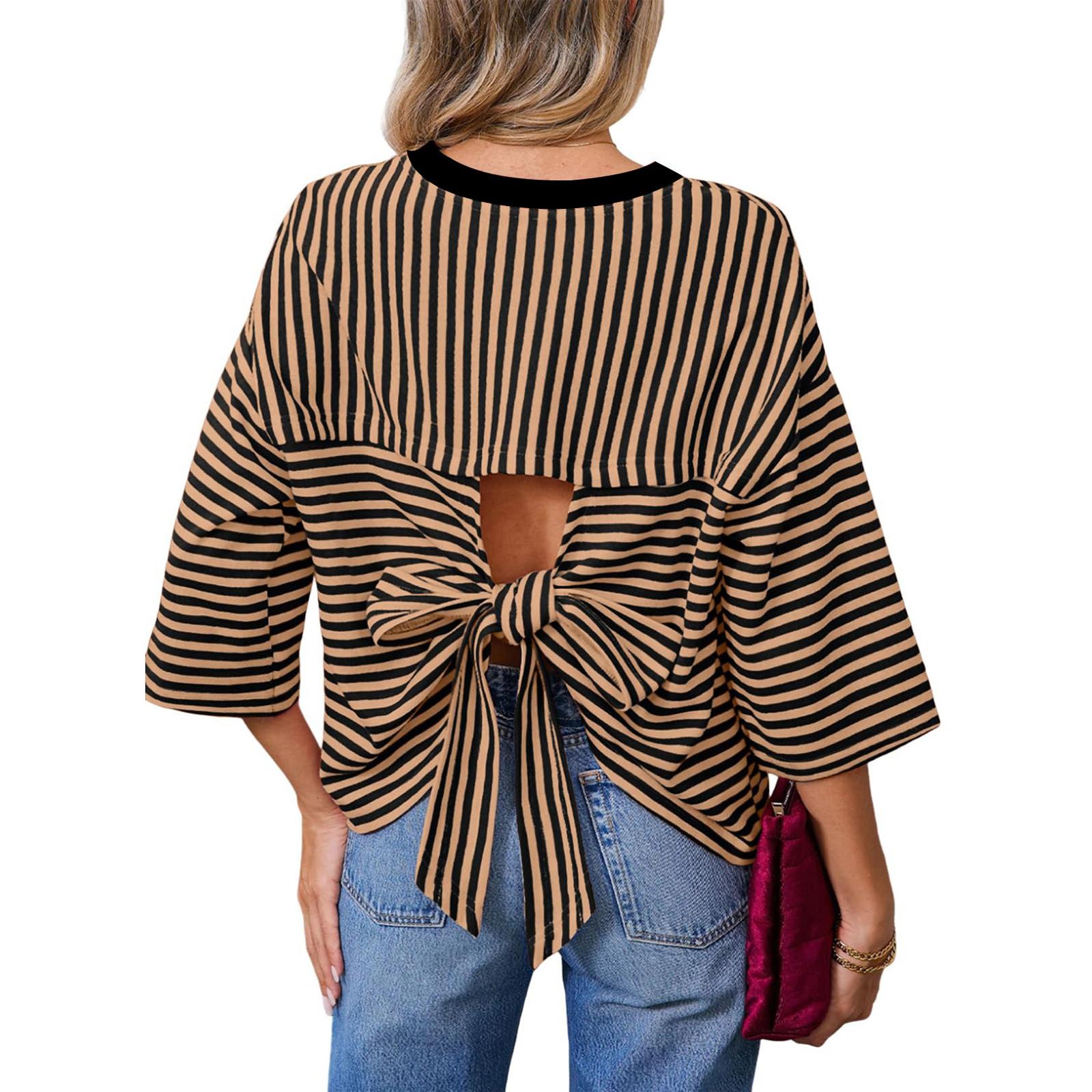 

Women’s Casual Striped Crew Neck Pullover Top with Back Cut Out and Tie Loose Fit Fashion Blouse for Daily Wear L коричневый