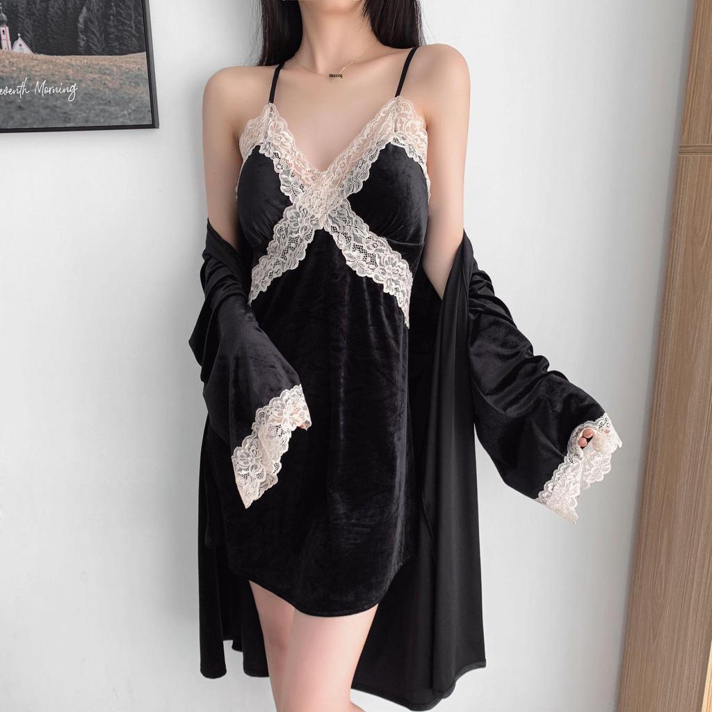 Autumn & Winter Sexy Gold Velvet Pajamas - Women's Lace Camisole Nightdress