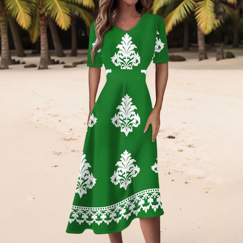 Damen Freizeitmode Retro Bedrucktes V-Ausschnitt Kurzarm Taillenlanges Kleid