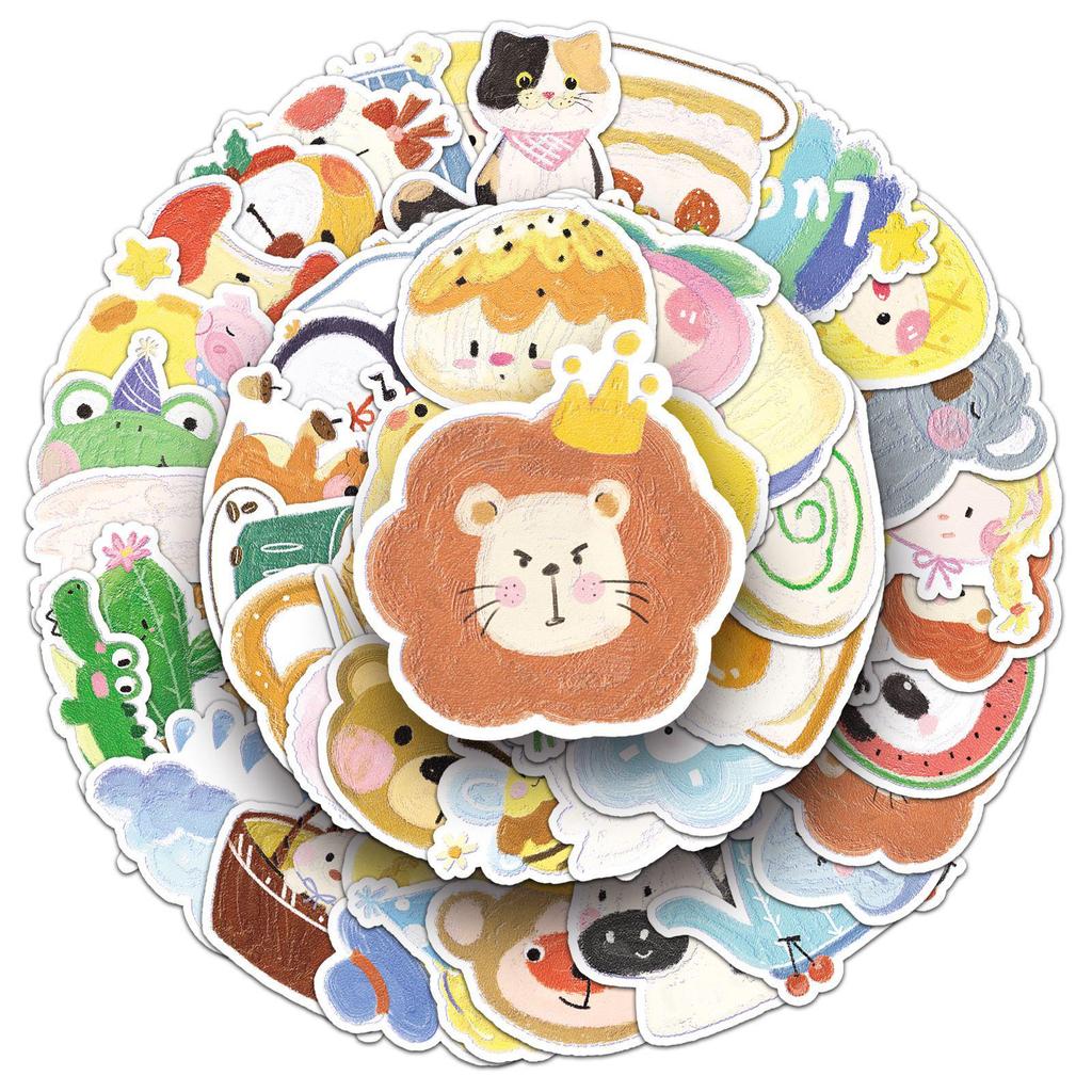 50pcs Cute Cartoon Oil Painting Style Waterproof Stickers for Journals and Water Bottles