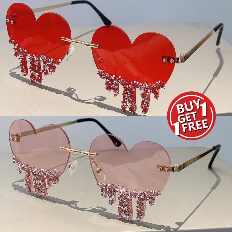 1/2 Pairs Heart Shaped Sunglasses with Rhinestones Women Fashion Rimless Rave Shades Trendy Original Design Sun Glasses