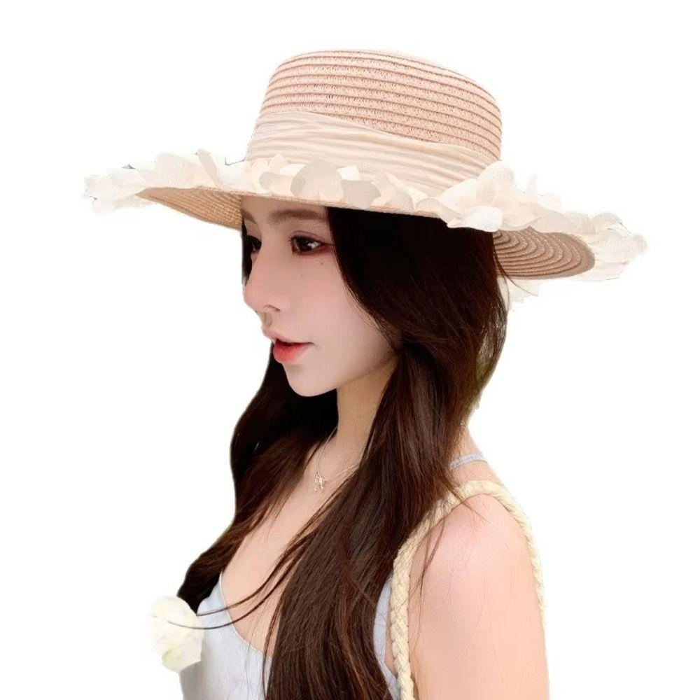 Breathable Straw Hat Wide-brimmed Beach Hat Sweet Sunshade Hat  for Summer Sun Protection