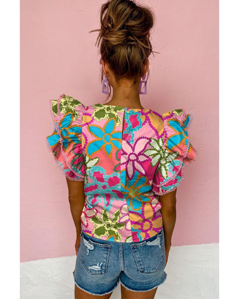 Azura Exchange Zářivá halenka s volánovým rukávem s květinovým potiskem