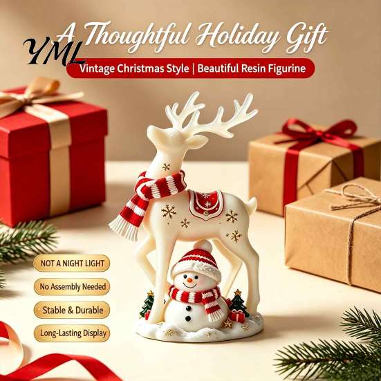 Indoor Holiday Ornament Christmas Reindeer Snowman Resin Figurine, White Deer Statue with Red Scarf, Table Decorations Winter Tabletop Fireplace