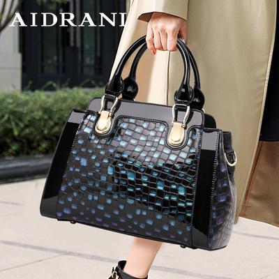 Aidrani Genuine Leather Women's Handbag Large Capacity Blue Stone Patterned Portable Cowhide Bag