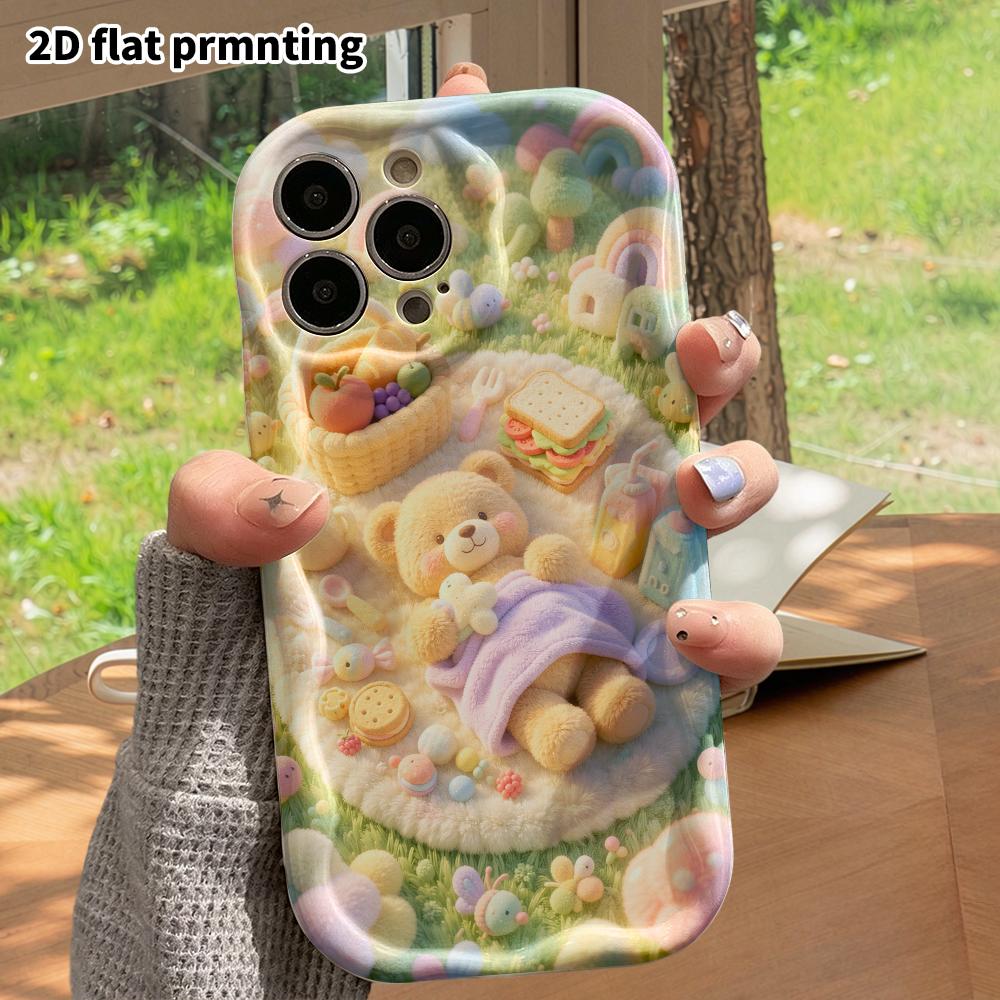 Phone Case: 2D flat, fits iPhone 18, 17, 16, 15, 14, 13, 12Pro protective case, little bear picnic on the grass, perfect Christmas and Halloween holid