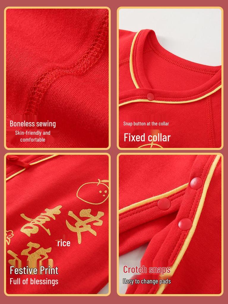 Newborn 100-Day Zhua Zhou Ceremony Big Red Monk Robe Set with Bodysuit for 0-3 Months