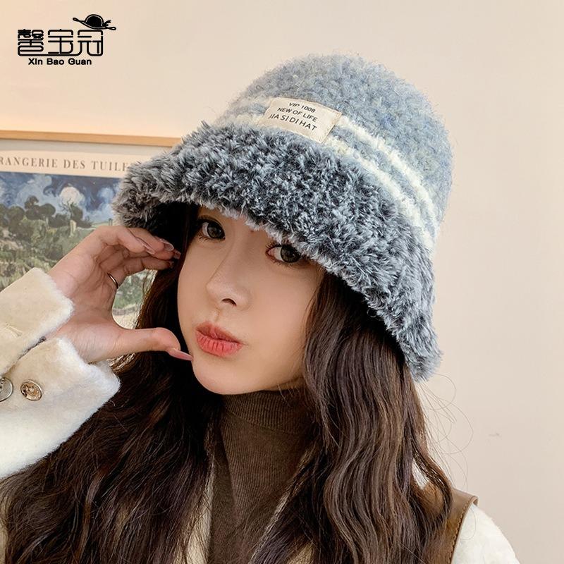 Autumn and winter plush warm windproof hat women's splicing knitted bucket basin hat shows small face versatile bucket hat