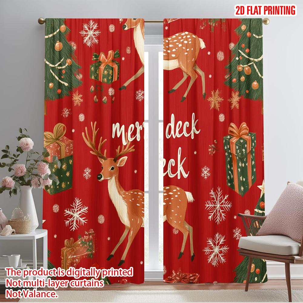 2pcs,2D Plane Printing Light Filtering Curtains Deer Christmas Trees Snowflakes Gifts Durable 100% Polyester Fabric (without