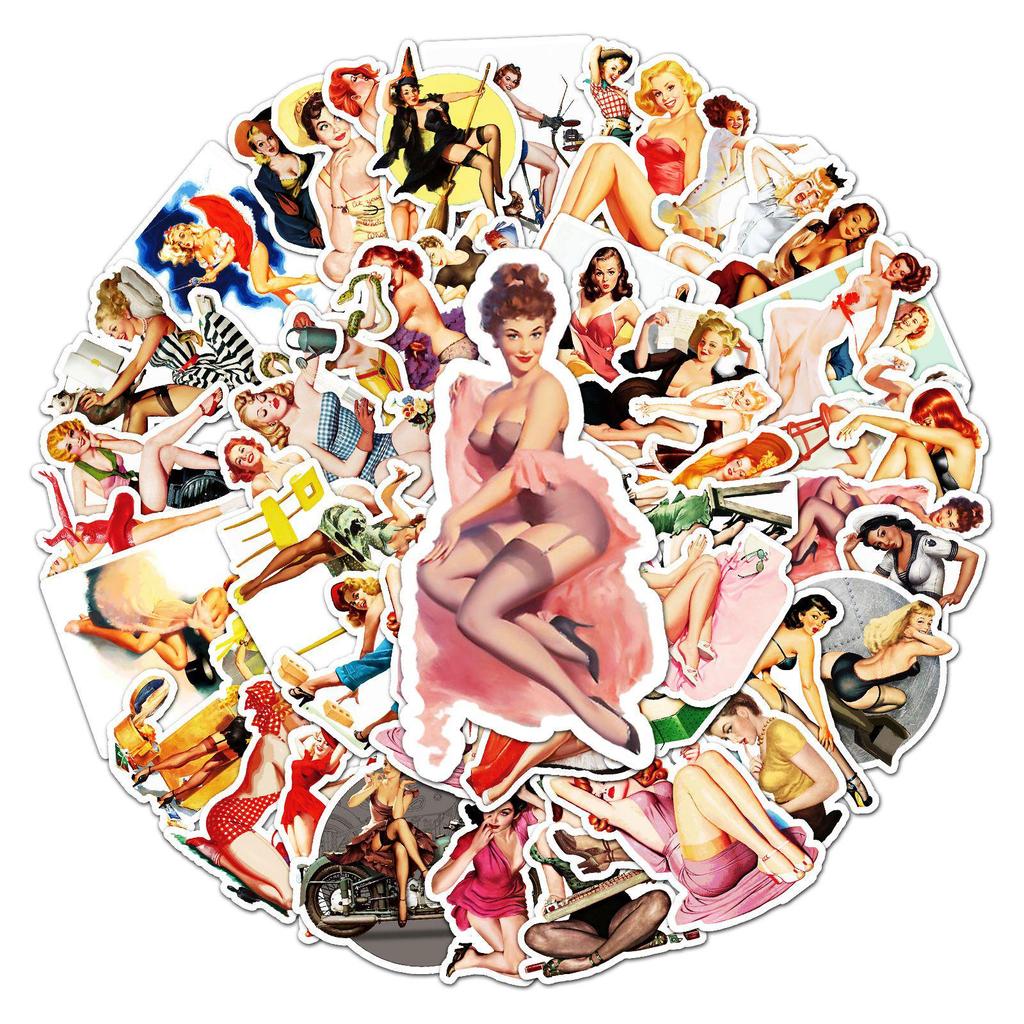 50 Retro Pin-Up Graffiti Sexy Beauty Stickers, Waterproof for Skateboards and Suitcases
