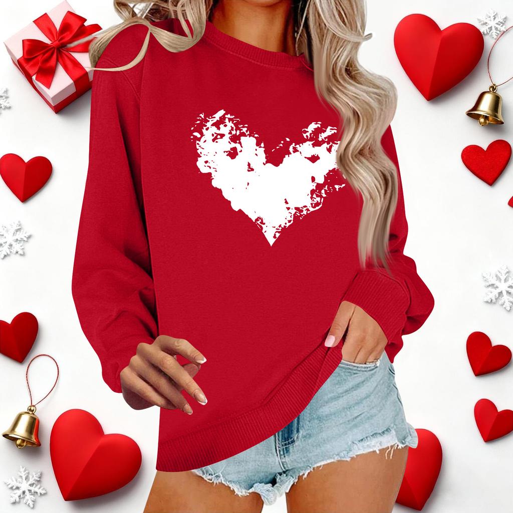 Haut décontracté à col rond et manches longues pour femme avec imprimé pour la Saint-Valentin