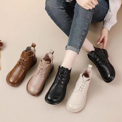 100% Genuine Leather Shoes Women Ankle Boots Spring Autumn Retro Soft Cow Leather Brand Ladies Single Boots Mother Shoes Plus Size 41