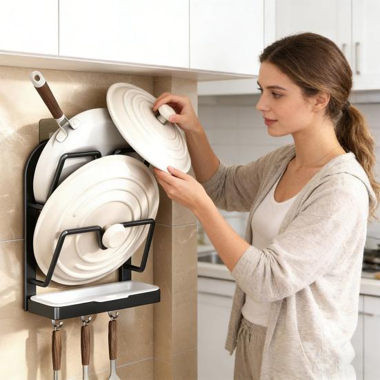 Wall-Mounted Pot Lid Holder Kitchen Pot Lid Storage Rack Punch-Free Pot Lid Organizer with Removable Drip