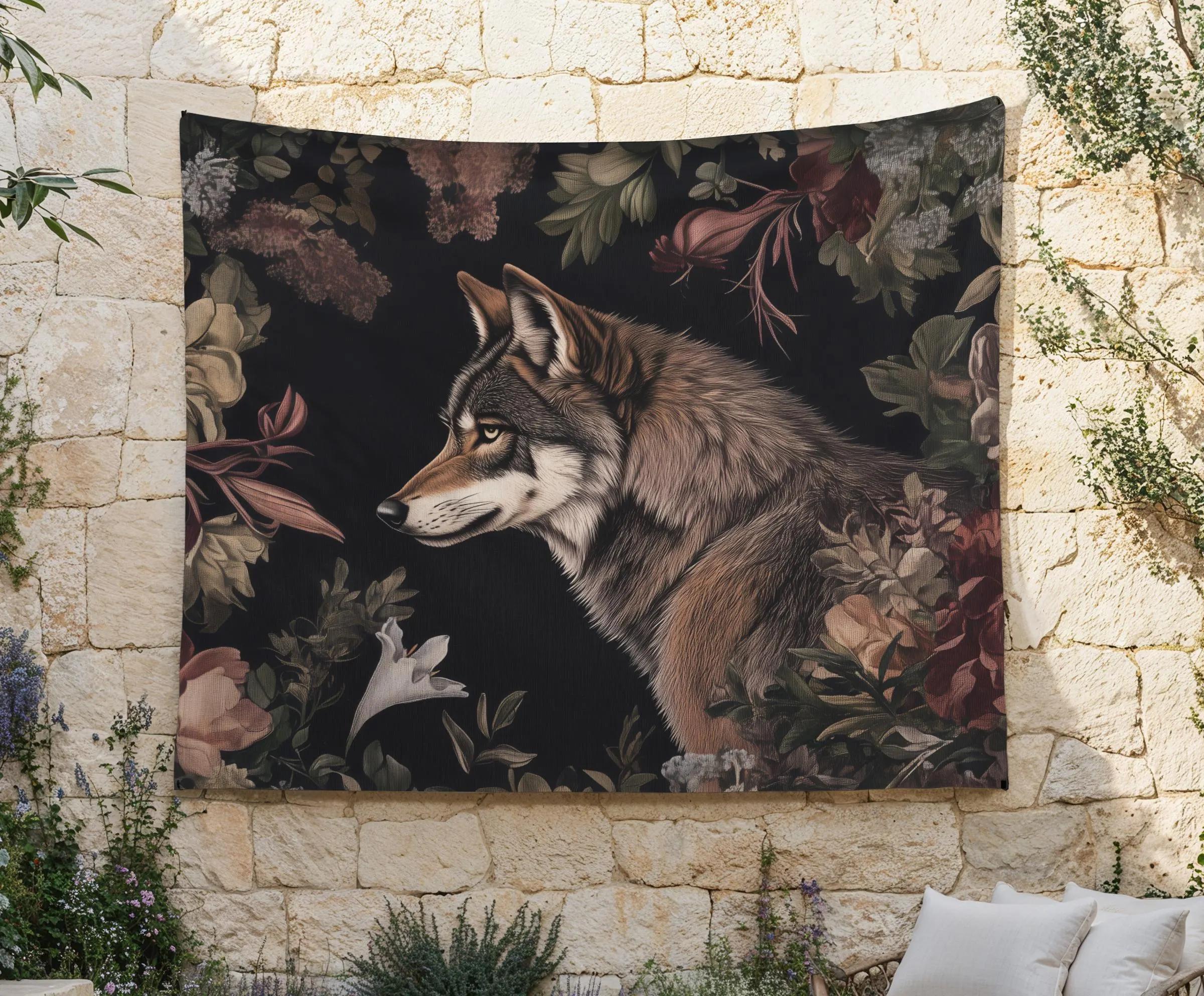 Dark Retro Wolf Flower Tapestry Black Background Forest Wolf Fabric Dark Black Wind Decoration Room Decoration 100X70CM