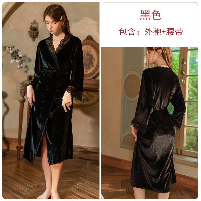 Rose Ruo autumn and winter velvet thickened long lace splicing lace-up cardigan bathrobe nightgown women's loungewear set 1111
