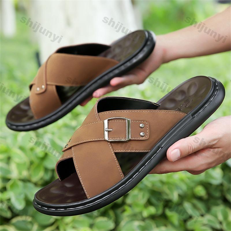 Large Size Men Slippers Summer Outdoor Breathable Non Slip Comfortable Casual Flats Fashion Buckle Strap Soft Sole Beach Shoes