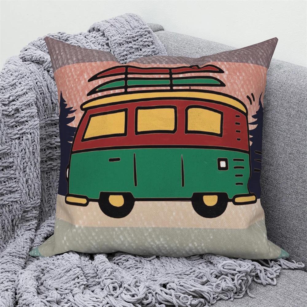 Decorative Cushion Covers Camping Bus Printed Pillow  Home Sofa Throw