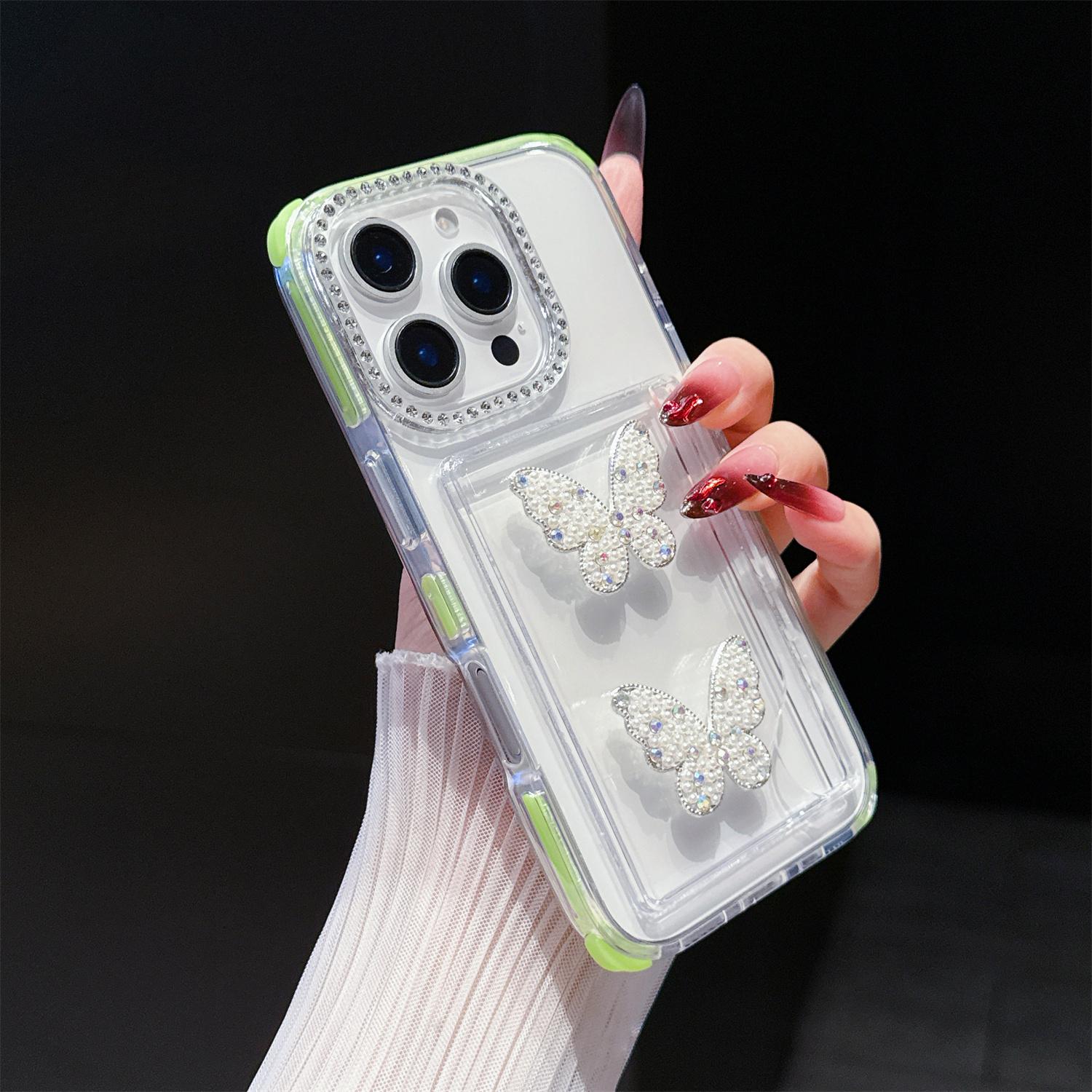 

For iPhone 16 Pro Case Rhinestone Decor TPU+PC Phone Cover with Butterfly Card Holder Fluorescent Green