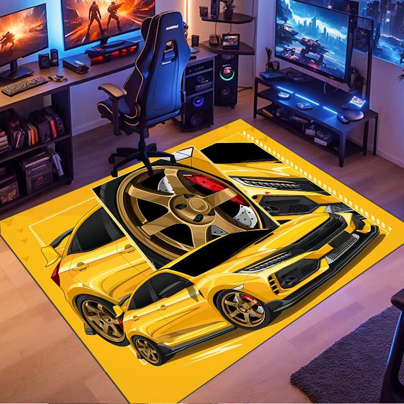 Golden Yellow JDM Sport Car Comic Panel Print Area Rug Non‑Slip Rectangular Floor Mat Tuned Auto Decor for Gaming Bedroom Living Room