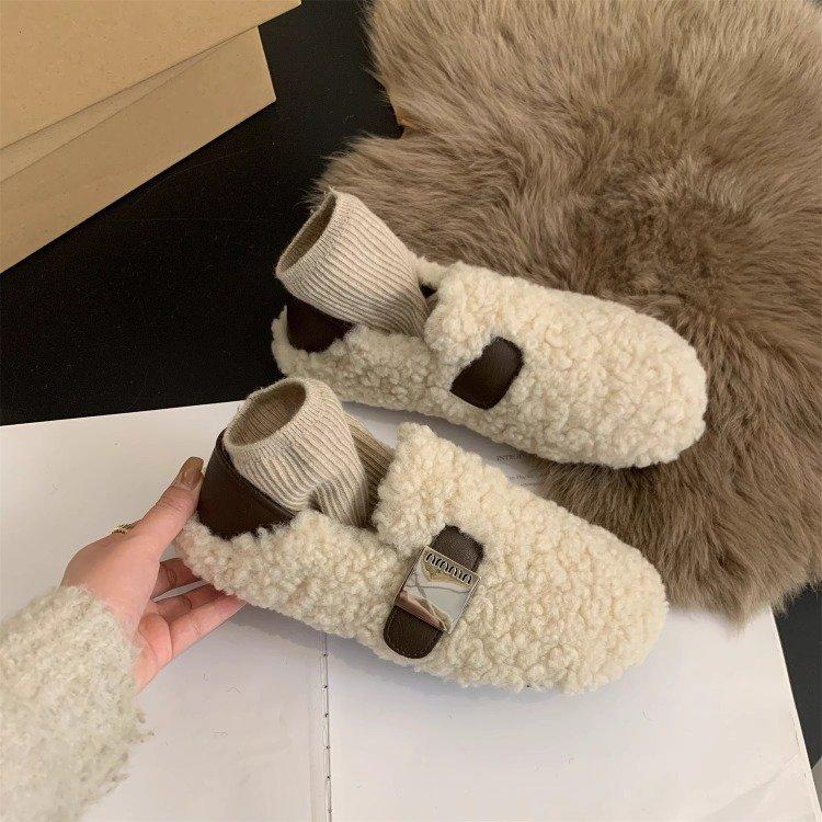 2025 höst och vinter ny koreansk version retro enpedals mild älvvind trampande fot Doudou-skor plattbottnade sammet bomullsskor