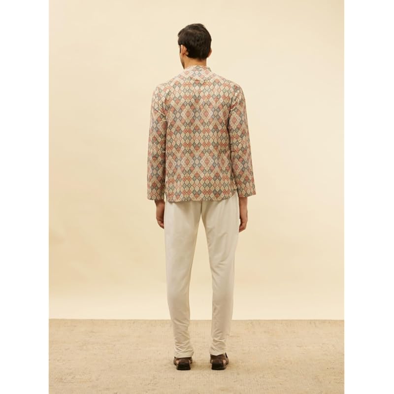 Manyavar Mens Beige Blended Viscose Printed Short Kurtas