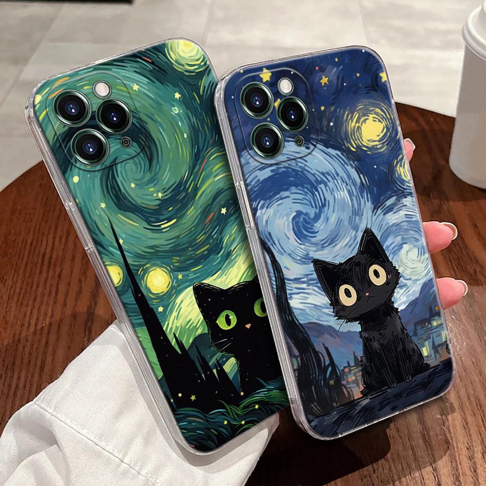Retro Oil Painting Starry Sky Cat Case For Apple iPhone 17 16 15 14 13 12 11 Pro Max 16 Plus 16E 17Air 17Pro Phone Cover Funda