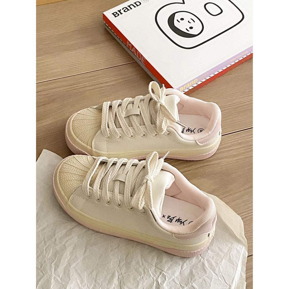 

белые туфли на толстой подошве с ракушечным носком, женские, осенние, новые, универсальные, нишевый дизайн, повседневные кеды Size 40 is too small, please take one size larger. розовый