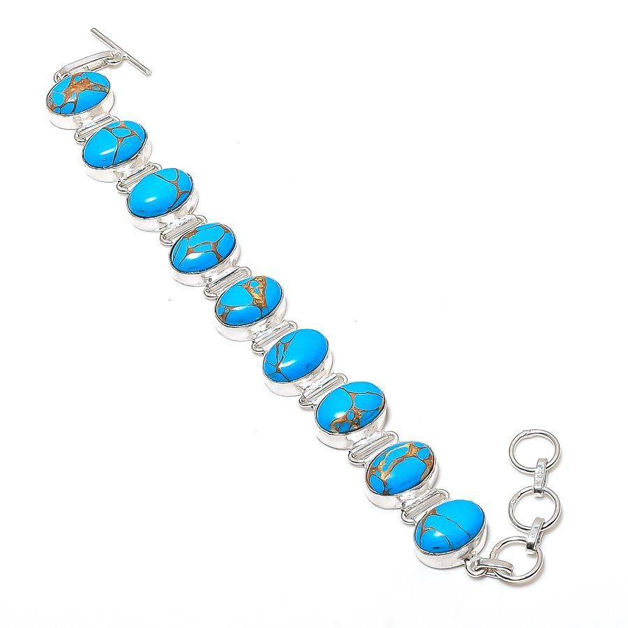 Natural Copper Blue Turquoise Gemstone 925 Sterling Silver Bracelet 7-8" ETC-14469