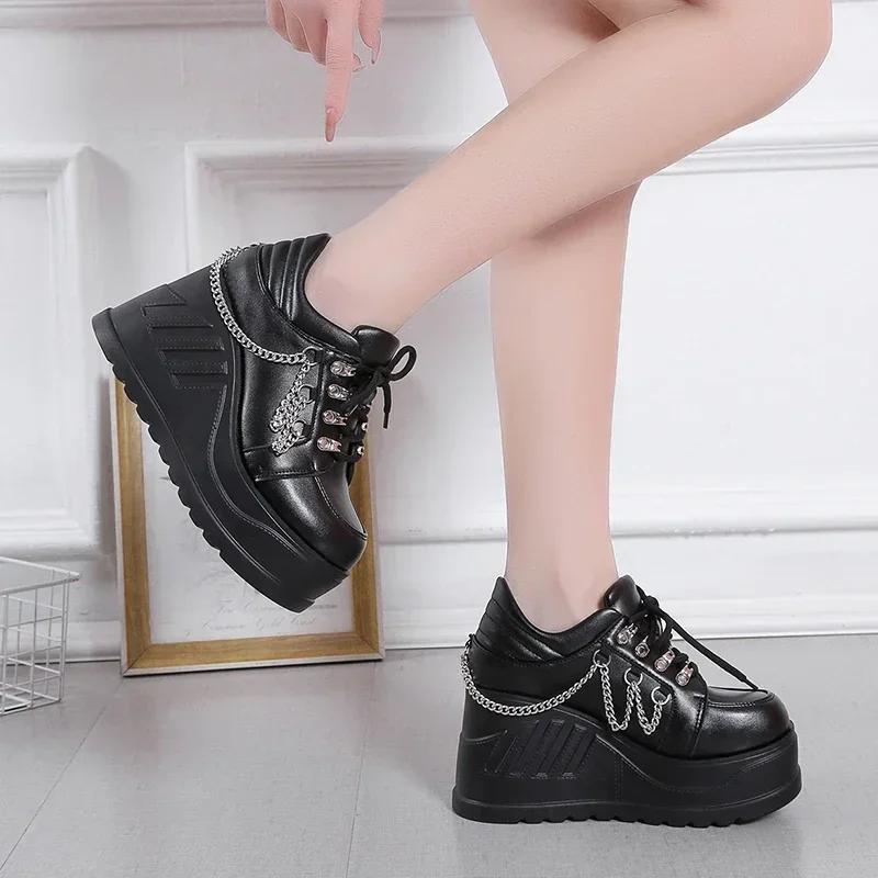 Fashion Metal Chain Punk Gothic Shoes Woman Thick Bottom High Wedge Sneakers for Women Black Chunky Platform Shoe Zapatillas De Mujer