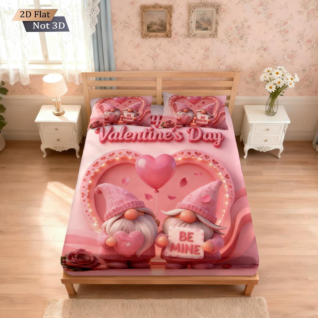 3pcs Valentine's Day Romantic Pink Love Essence Print Coreless Bed Sheet Set Multi Size Bedroom Bed Cover Holiday Decoration